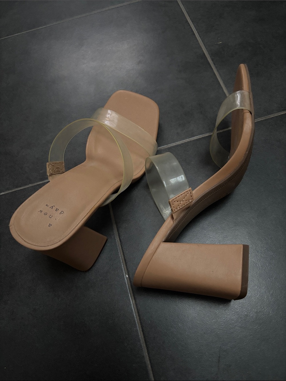 a new day “Hattie” Clear Double-Strap Tan Block Heel Sandals